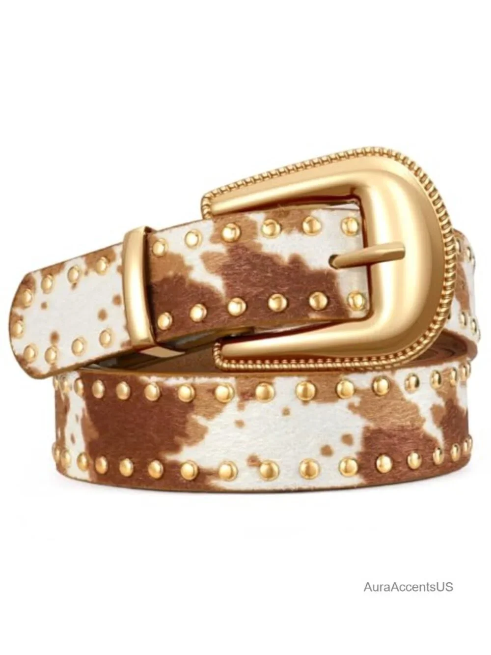 Women PU Leather Studded Western Belt Gold Buckle Punk Waist Belt for Jeans